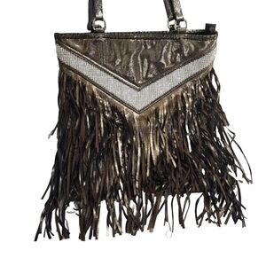 Charming Charlie Purse Tote Rhinestone Fringe Metallic Gunmetal Brown Bag EUC